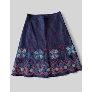 Anne Carson 100% Linen Brown A Line Floral Embroidered Skirt Size 4 Boho Hippie